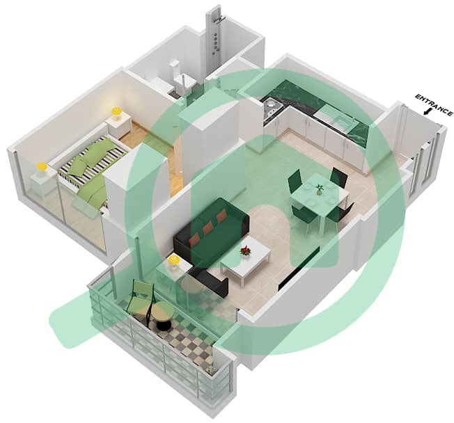المخططات الطابقية لتصميم النموذج / الوحدة B3/ 4 شقة 1 غرفة نوم - برج رويال interactive3D