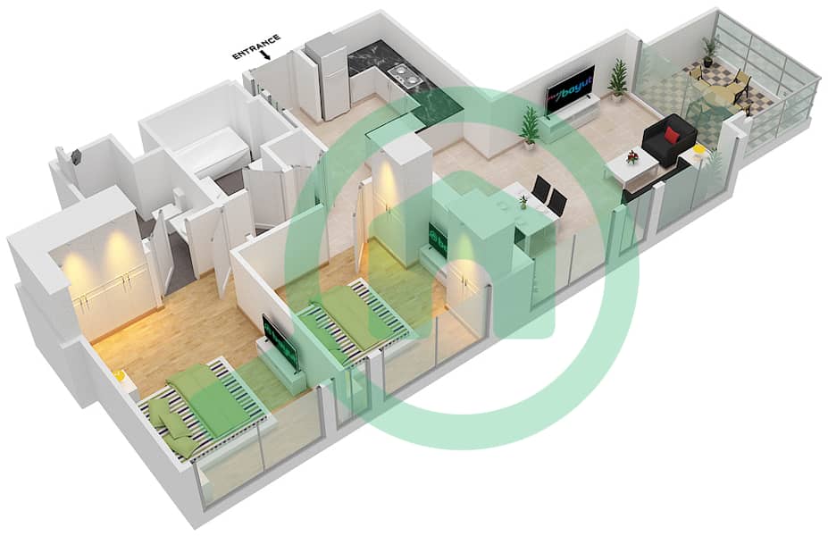 المخططات الطابقية لتصميم النموذج / الوحدة A/11 شقة 2 غرفة نوم - برج رويال interactive3D