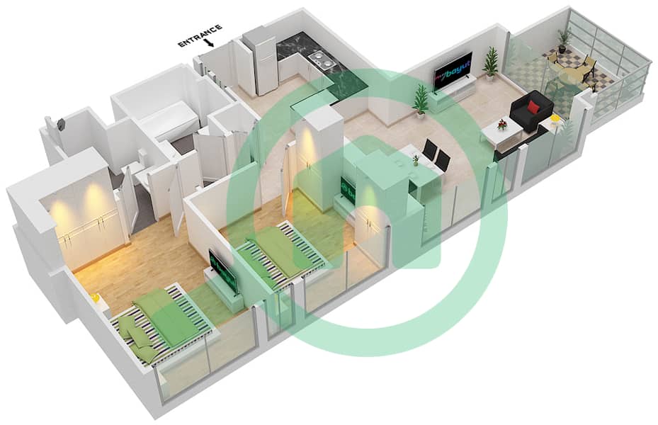 المخططات الطابقية لتصميم النموذج / الوحدة A/10 شقة 2 غرفة نوم - برج رويال interactive3D
