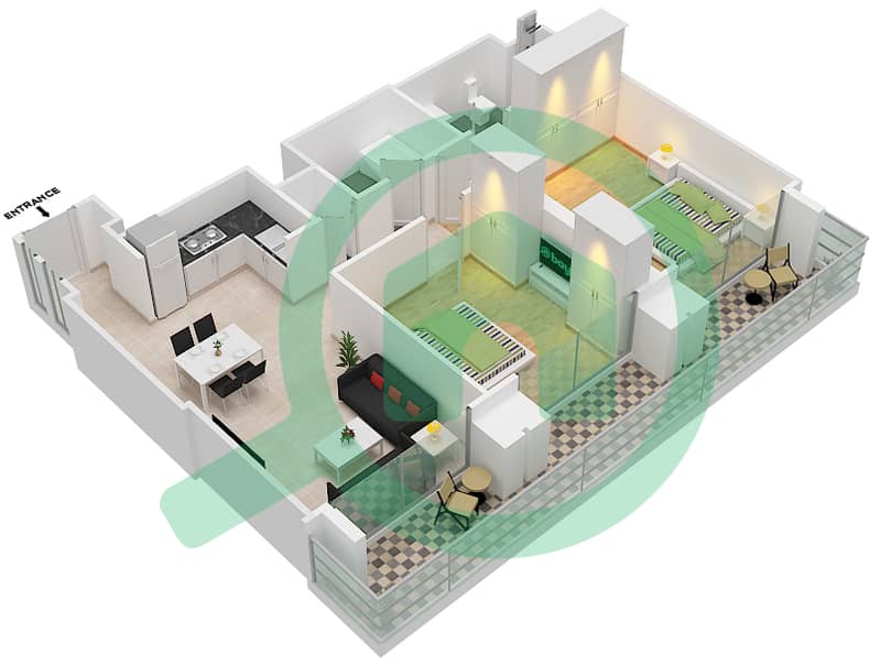 المخططات الطابقية لتصميم النموذج / الوحدة B1/1 شقة 2 غرفة نوم - برج رويال interactive3D