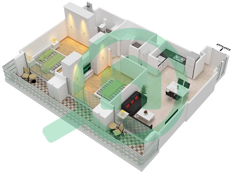 المخططات الطابقية لتصميم النموذج / الوحدة B1/11 شقة 2 غرفة نوم - برج رويال interactive3D