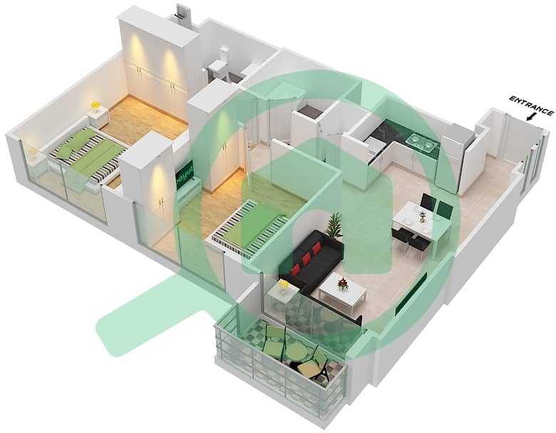 المخططات الطابقية لتصميم النموذج / الوحدة B1/10 شقة 2 غرفة نوم - برج رويال interactive3D