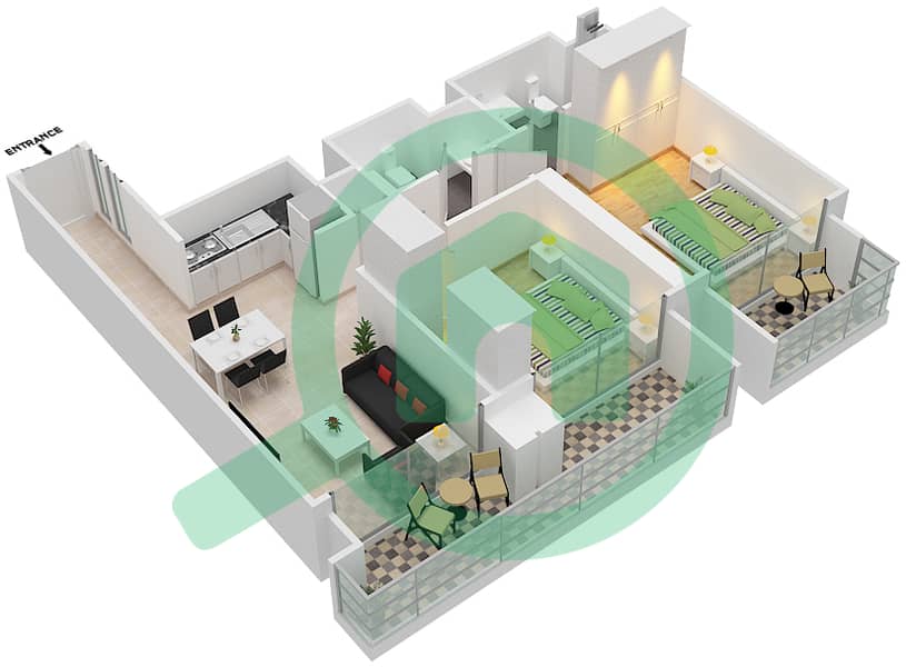 المخططات الطابقية لتصميم النموذج / الوحدة B2/1 شقة 2 غرفة نوم - برج رويال interactive3D