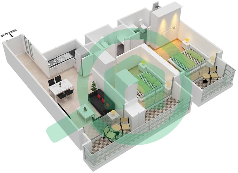 المخططات الطابقية لتصميم النموذج / الوحدة B2/ 1 شقة 2 غرفة نوم - برج رويال interactive3D