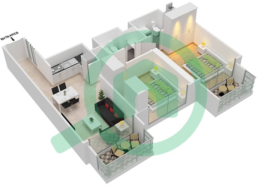 المخططات الطابقية لتصميم النموذج / الوحدة B2/1 FLOOR 7,9,10,12,13 شقة 2 غرفة نوم - برج رويال interactive3D