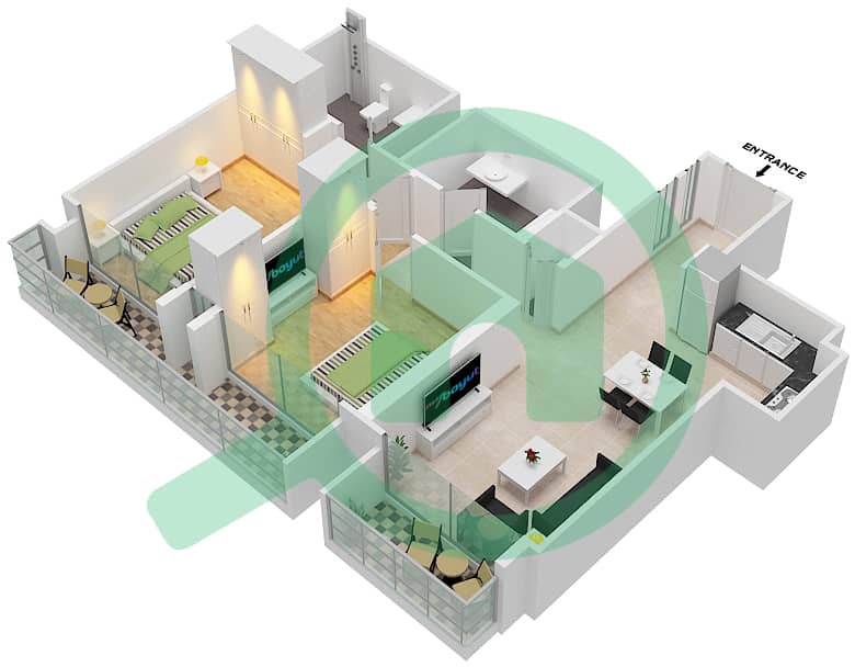 皇家塔楼 - 2 卧室公寓类型／单位D/6戶型图 interactive3D