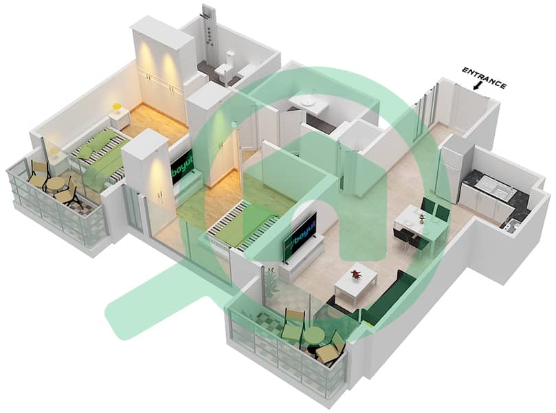 Бурдж Рояль - Апартамент 2 Cпальни планировка Тип/мера D/ 6 interactive3D