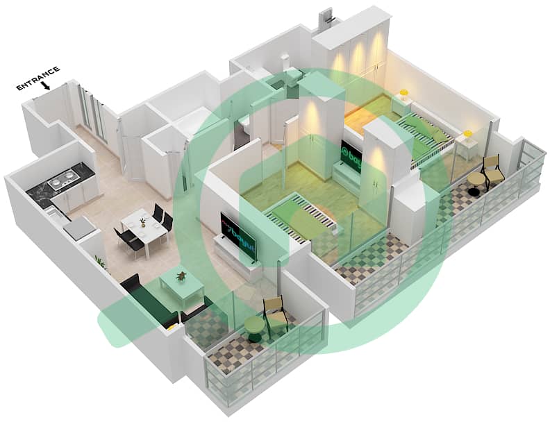 المخططات الطابقية لتصميم النموذج / الوحدة E/13 شقة 2 غرفة نوم - برج رويال interactive3D