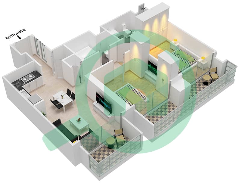 المخططات الطابقية لتصميم النموذج / الوحدة E/12 شقة 2 غرفة نوم - برج رويال interactive3D
