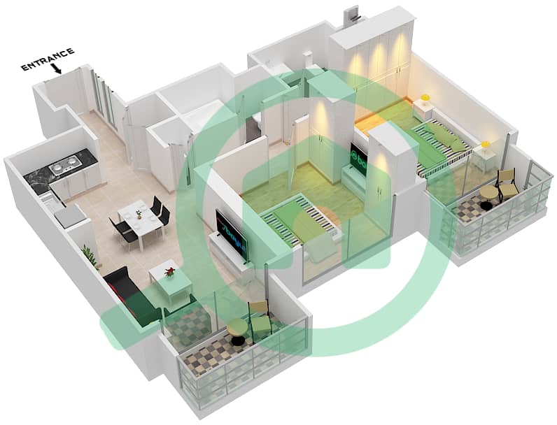 皇家塔楼 - 2 卧室公寓类型／单位E/ 13戶型图 interactive3D