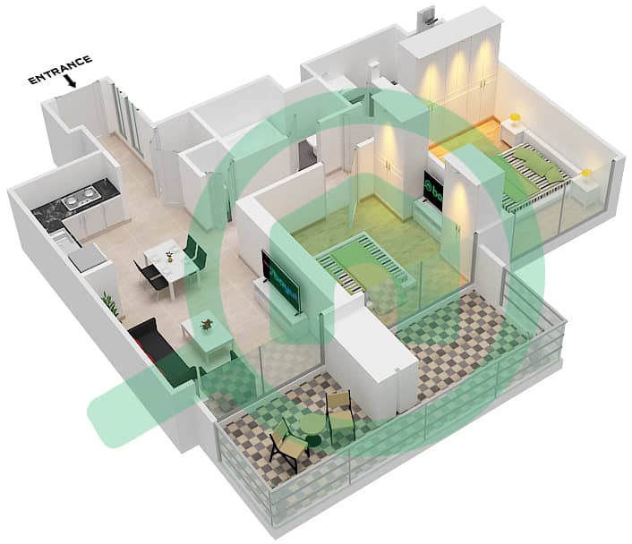 皇家塔楼 - 2 卧室公寓类型／单位E/6戶型图 interactive3D