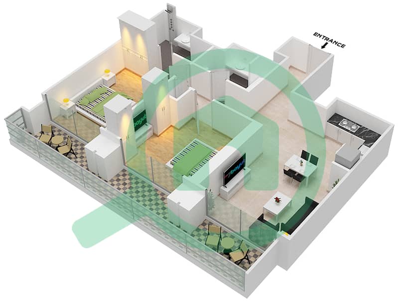 المخططات الطابقية لتصميم النموذج / الوحدة F/12 شقة 2 غرفة نوم - برج رويال interactive3D