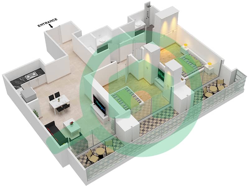المخططات الطابقية لتصميم النموذج / الوحدة F/ 2 شقة 2 غرفة نوم - برج رويال interactive3D