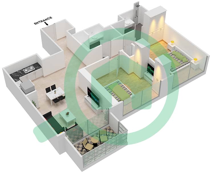 المخططات الطابقية لتصميم النموذج / الوحدة F/2 FLOOR 7,9,10,12,13 شقة 2 غرفة نوم - برج رويال interactive3D