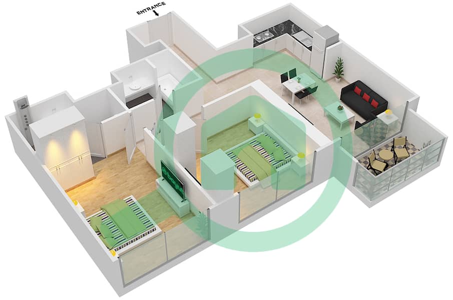 المخططات الطابقية لتصميم النموذج / الوحدة F/ 12 شقة 2 غرفة نوم - برج رويال interactive3D