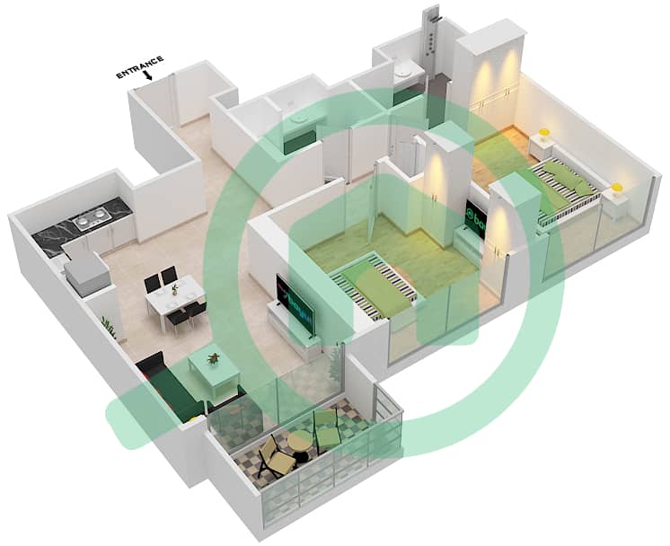 المخططات الطابقية لتصميم النموذج / الوحدة F/ 02 شقة 2 غرفة نوم - برج رويال interactive3D