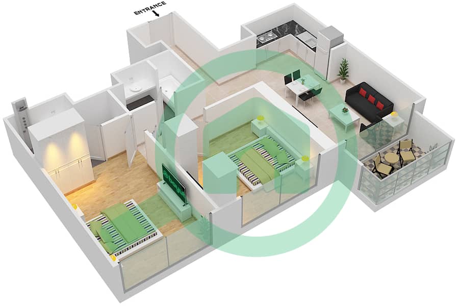 المخططات الطابقية لتصميم النموذج / الوحدة F/ 11 شقة 2 غرفة نوم - برج رويال interactive3D