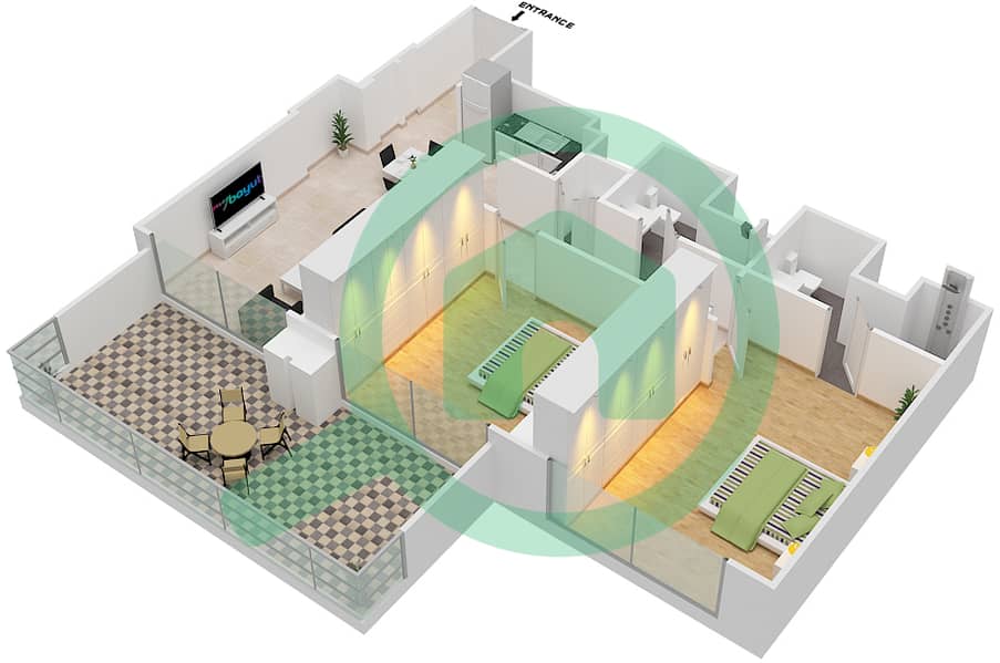 المخططات الطابقية لتصميم النموذج / الوحدة G/1 شقة 2 غرفة نوم - برج رويال interactive3D