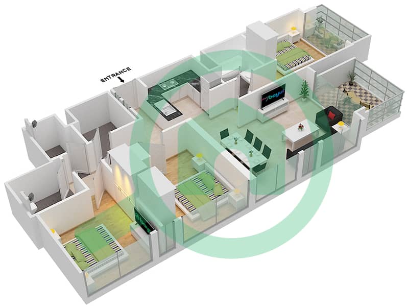 皇家塔楼 - 3 卧室公寓类型／单位A/2戶型图 interactive3D