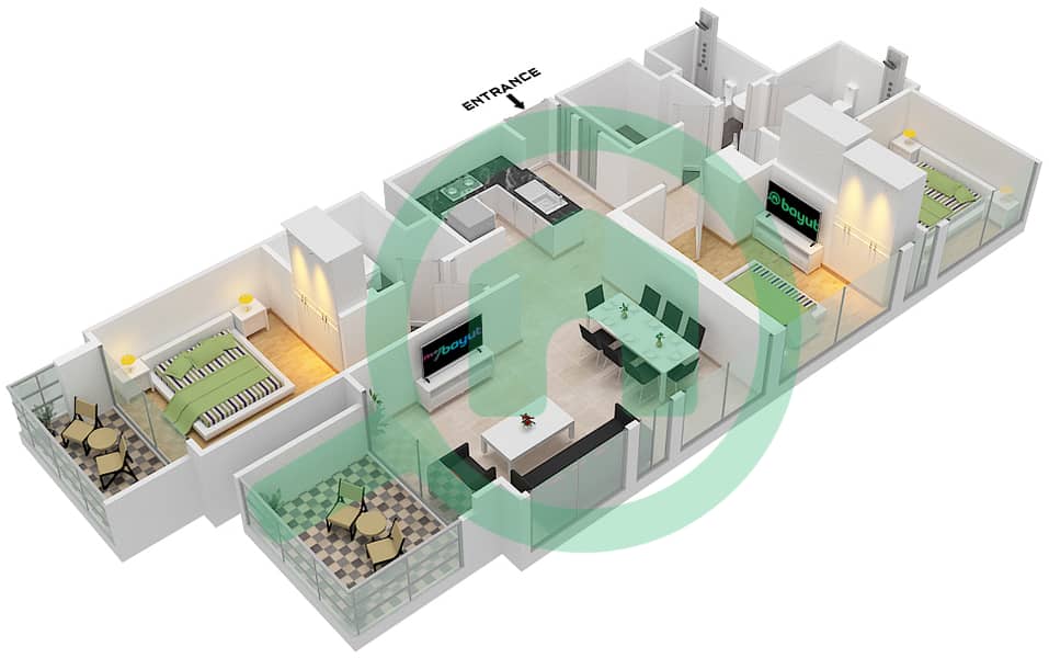 المخططات الطابقية لتصميم النموذج / الوحدة A/ 9 شقة 3 غرف نوم - برج رويال interactive3D