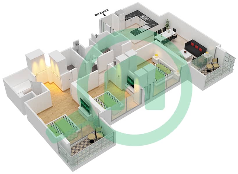 المخططات الطابقية لتصميم النموذج / الوحدة B/ 11 شقة 3 غرف نوم - برج رويال interactive3D