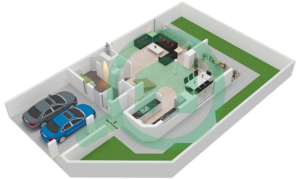المخططات الطابقية لتصميم النموذج 4 B تاون هاوس 4 غرف نوم - MAG City Ground Floor interactive3D