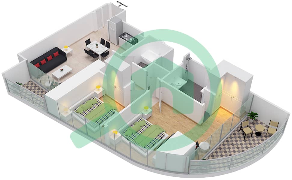 المخططات الطابقية لتصميم الوحدة 3 FLOOR  3 شقة 2 غرفة نوم - جراندي interactive3D
