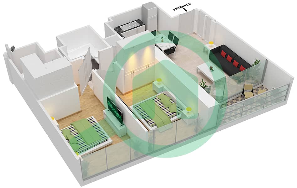 المخططات الطابقية لتصميم الوحدة 5 FLOOR  3 شقة 2 غرفة نوم - جراندي interactive3D
