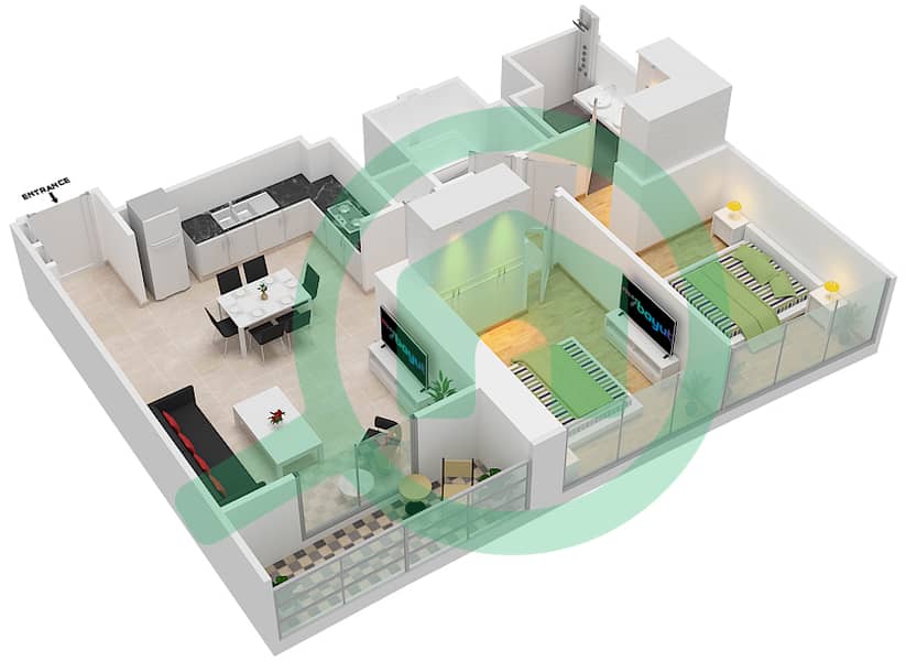 المخططات الطابقية لتصميم الوحدة 6 FLOOR  3 شقة 2 غرفة نوم - جراندي interactive3D