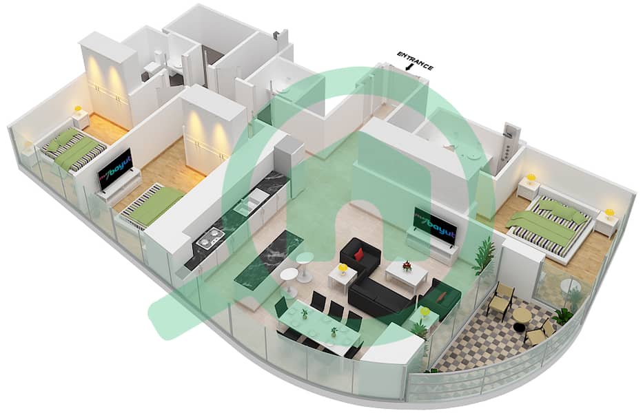 المخططات الطابقية لتصميم الوحدة 9 FLOOR  3 شقة 3 غرف نوم - جراندي interactive3D