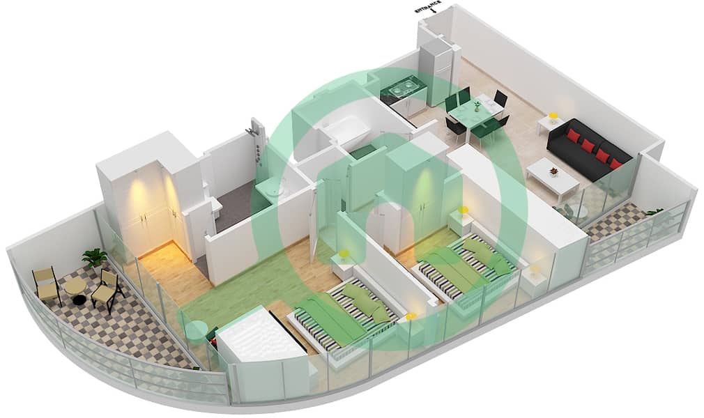 المخططات الطابقية لتصميم الوحدة 10 FLOOR  3 شقة 2 غرفة نوم - جراندي interactive3D