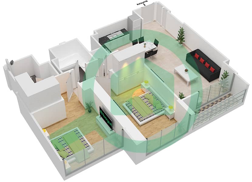 المخططات الطابقية لتصميم الوحدة 2 FLOOR 54-69 شقة 2 غرفة نوم - جراندي interactive3D
