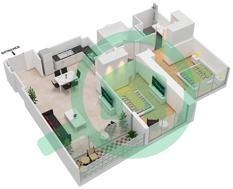 المخططات الطابقية لتصميم الوحدة 3 FLOOR 54-69 شقة 2 غرفة نوم - جراندي interactive3D