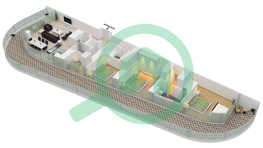 المخططات الطابقية لتصميم الوحدة 4 FLOOR 54 شقة 3 غرف نوم - جراندي interactive3D