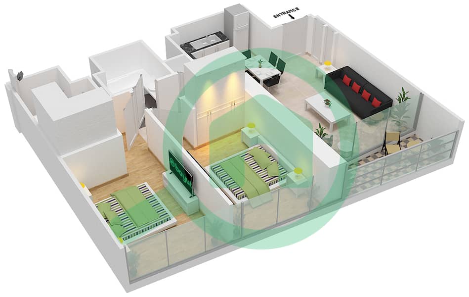 المخططات الطابقية لتصميم الوحدة 5 FLOOR 55-69 شقة 2 غرفة نوم - جراندي interactive3D
