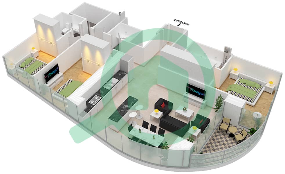 المخططات الطابقية لتصميم الوحدة 9 FLOOR 54-69 شقة 3 غرف نوم - جراندي interactive3D