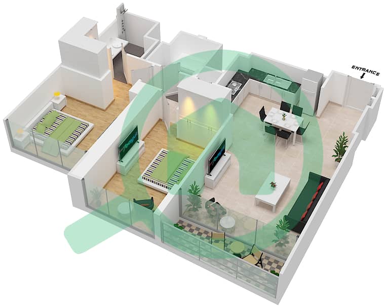 المخططات الطابقية لتصميم الوحدة 11 FLOOR 54-69 شقة 2 غرفة نوم - جراندي interactive3D
