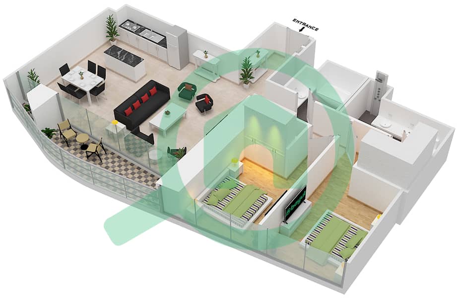 المخططات الطابقية لتصميم الوحدة 4 FLOOR 1 شقة 2 غرفة نوم - جراندي interactive3D
