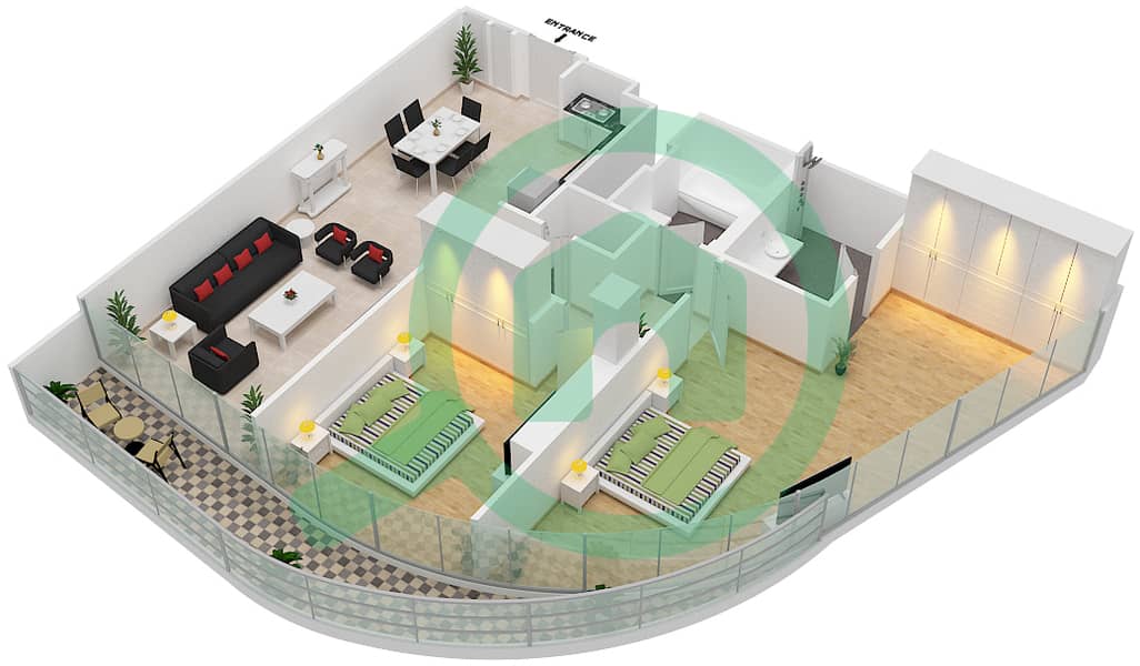 المخططات الطابقية لتصميم الوحدة 5 FLOOR 1 شقة 2 غرفة نوم - جراندي interactive3D