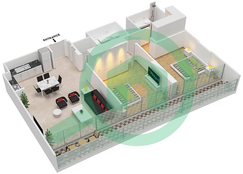 المخططات الطابقية لتصميم الوحدة 6 FLOOR 1 شقة 2 غرفة نوم - جراندي interactive3D