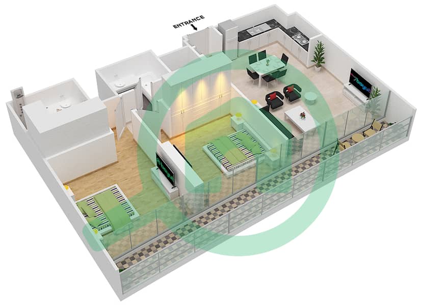 المخططات الطابقية لتصميم الوحدة 7 FLOOR 1 شقة 2 غرفة نوم - جراندي interactive3D