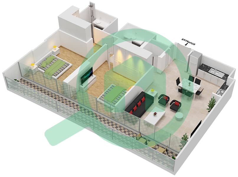 المخططات الطابقية لتصميم الوحدة 8 FLOOR 1 شقة 2 غرفة نوم - جراندي interactive3D
