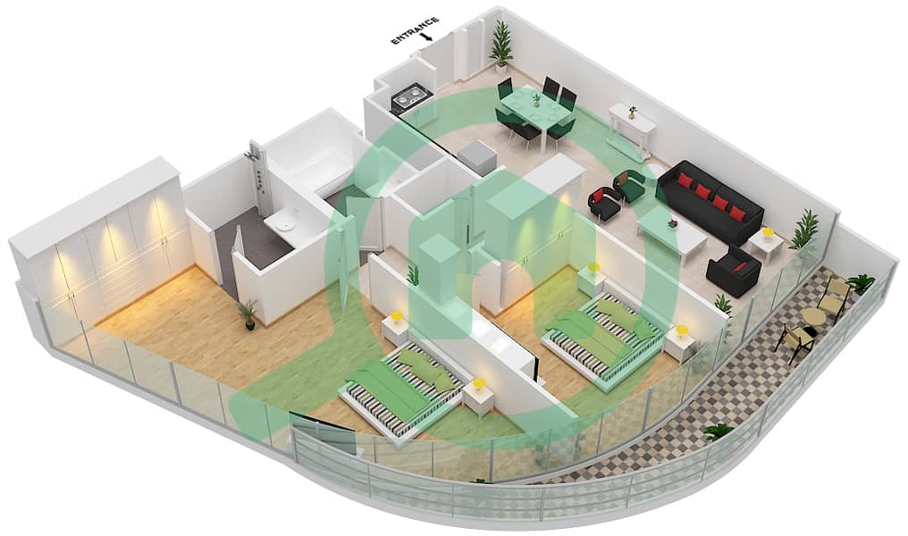 格兰德豪华私人社区 - 2 卧室公寓单位9 FLOOR  1戶型图 interactive3D