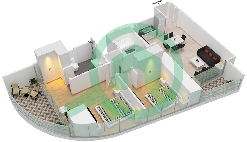 格兰德豪华私人社区 - 2 卧室公寓单位11 FLOOR 1戶型图 interactive3D