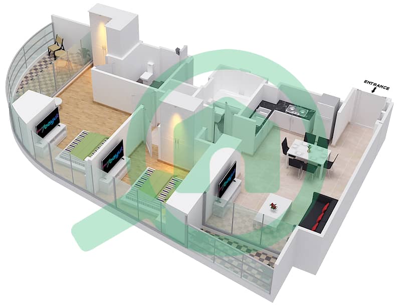المخططات الطابقية لتصميم الوحدة 10 FLOOR 54-69 شقة 2 غرفة نوم - جراندي interactive3D
