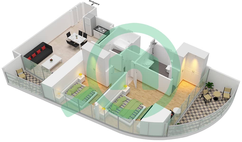 المخططات الطابقية لتصميم الوحدة 3 FLOOR 1 شقة 2 غرفة نوم - جراندي interactive3D