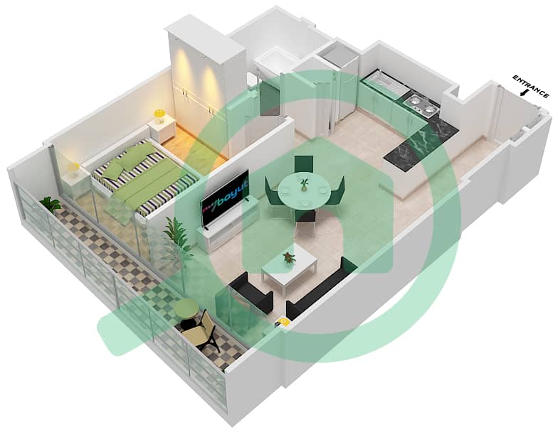 المخططات الطابقية لتصميم الوحدة 12 FLOOR 1 شقة 1 غرفة نوم - جراندي interactive3D