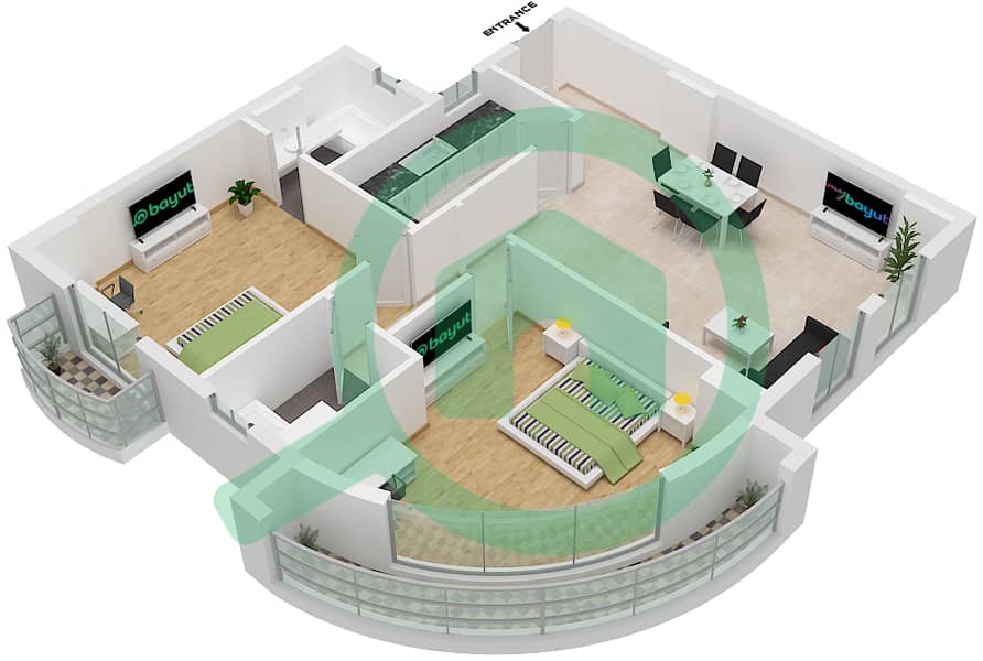 المخططات الطابقية لتصميم النموذج A2 شقة 2 غرفة نوم - جاتروفا First Floor interactive3D