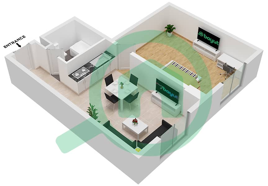 المخططات الطابقية لتصميم النموذج B8 شقة 1 غرفة نوم - جاتروفا interactive3D