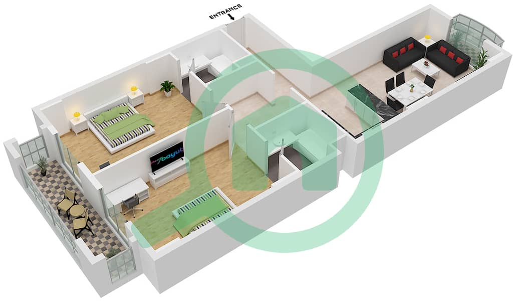 المخططات الطابقية لتصميم النموذج A4 شقة 2 غرفة نوم - جاتروفا Typical Floor interactive3D